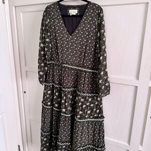 Anthropologie Black and Green Floral Long Sleeve Dress